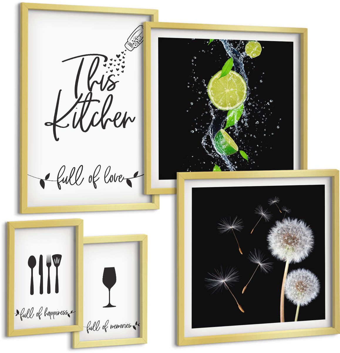 Coloray 5-Delige Schilderij Set - Keukeninspiratie Met Een Passie Voor Koken En Eten. - 50 x 50 cm, 20 x 30 cm En 40 x 60 cm - Wanddecoratie - Muurdecoratie - Woonkamer - Moderne Wanddecoratie