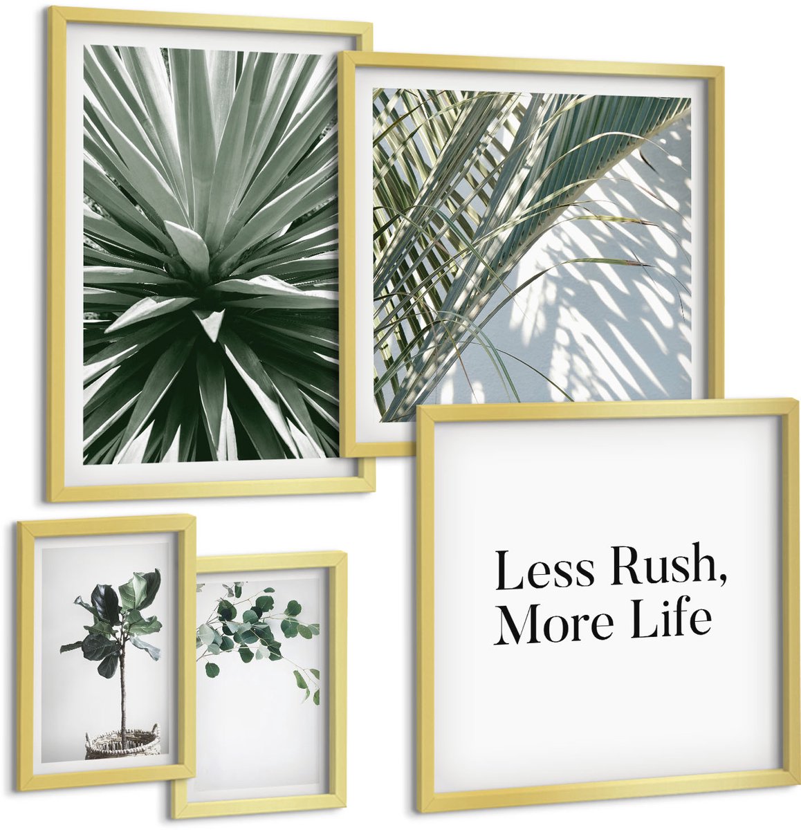 Coloray 5-Delige Schilderij Set - Groene Bladplanten In Een Moderne Decoratieve Stijl. - 50 x 50 cm, 20 x 30 cm En 40 x 60 cm - Muurdecoratie - Decoratieve Schilderijen - Wohnzimmer - Interieur Decoratie