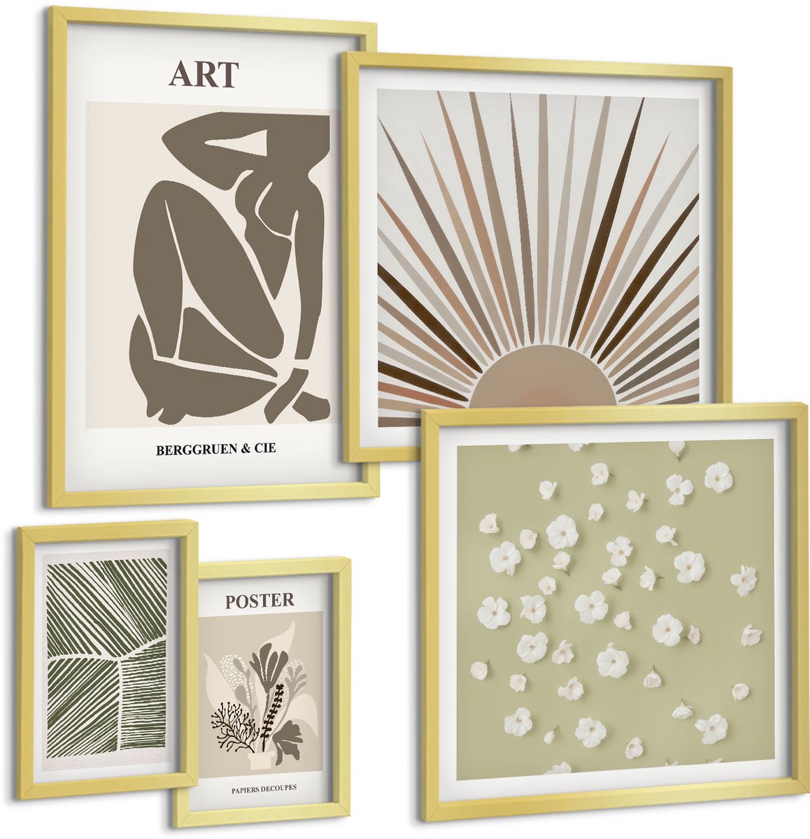 Coloray 5-Delige Schilderij Set - Stijlvolle Afbeeldingen Met Plantmotieven En Abstracte Elementen. - 50 x 50 cm, 20 x 30 cm En 40 x 60 cm - Wanddecoratie - Schilderijen Set - Kantoor - Moderne Wanddecoratie