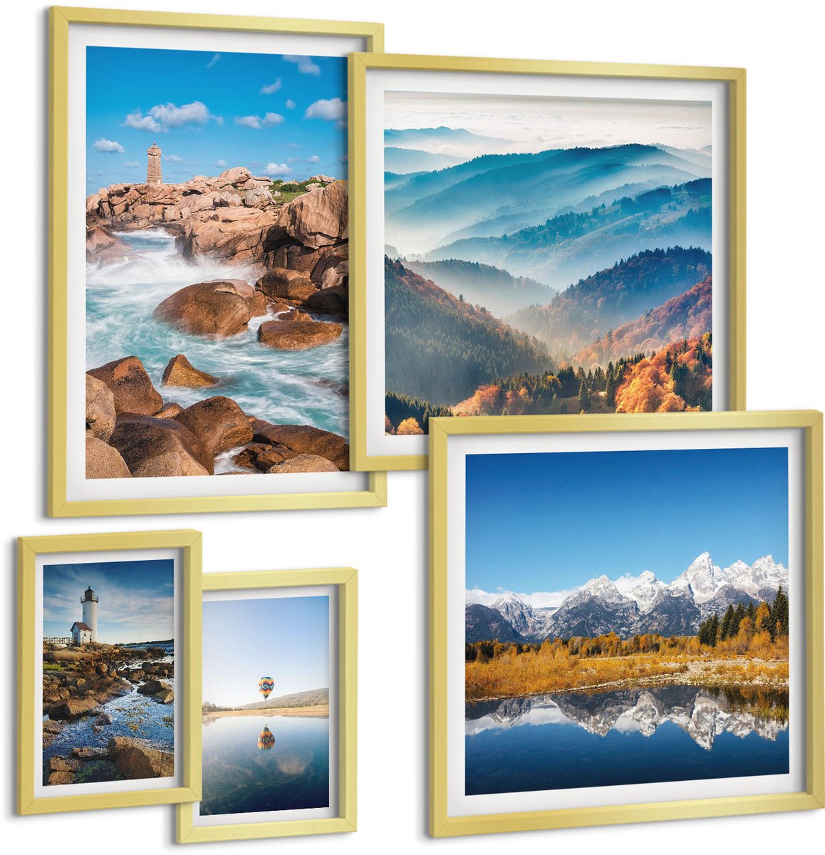 Coloray 5-Delige Schilderij Set - Natuurlijke Landschappen, Bergen, Zee En Vuurtorens - 50 x 50 cm, 20 x 30 cm En 40 x 60 cm - Wanddecoratie - Muurdecoratie - Woonkamer - Decoratieve Schilderijen