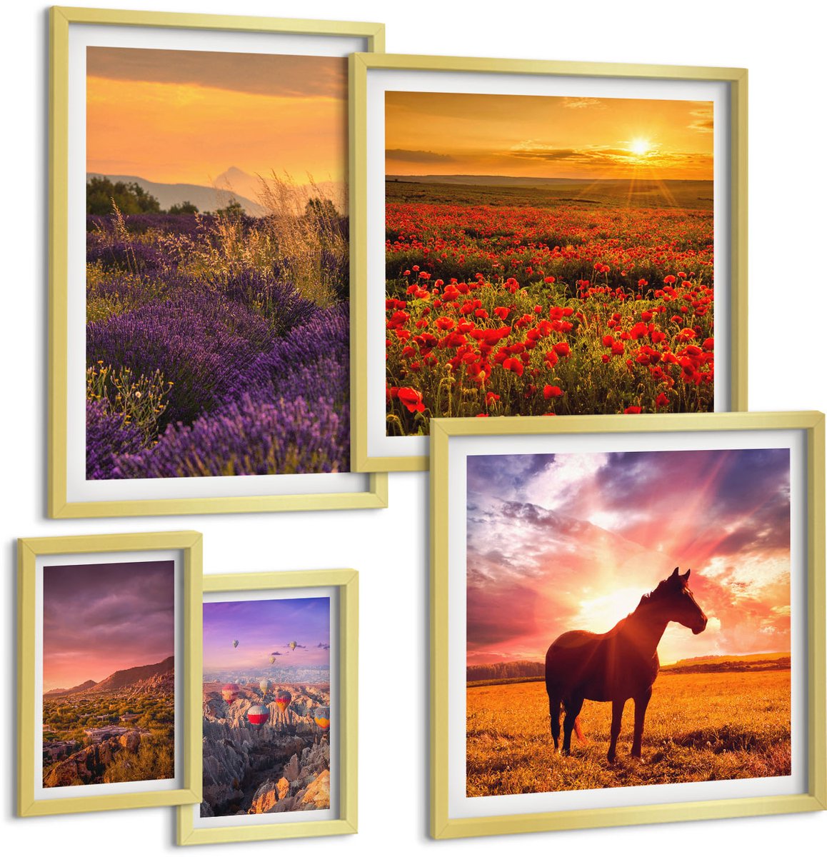 Coloray 5-Delige Schilderij Set - Natuurlandschappen Met Paarden En Bloemen In De Buitenlucht - 50 x 50 cm, 20 x 30 cm En 40 x 60 cm - Muurdecoratie - Interieur Decoratie - Stijlvolle Muurdecoratie