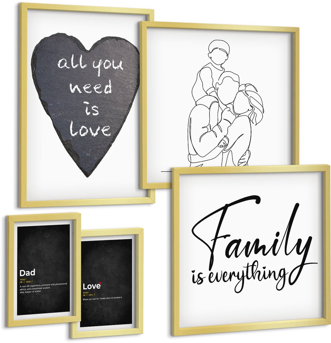 Coloray 5-Delige Schilderij Set - Familiewaarden Van Liefde En Verbondenheid In Een Moderne Stijl - 50 x 50 cm, 20 x 30 cm En 40 x 60 cm - Wanddecoratie - Woonkamer Decoratie