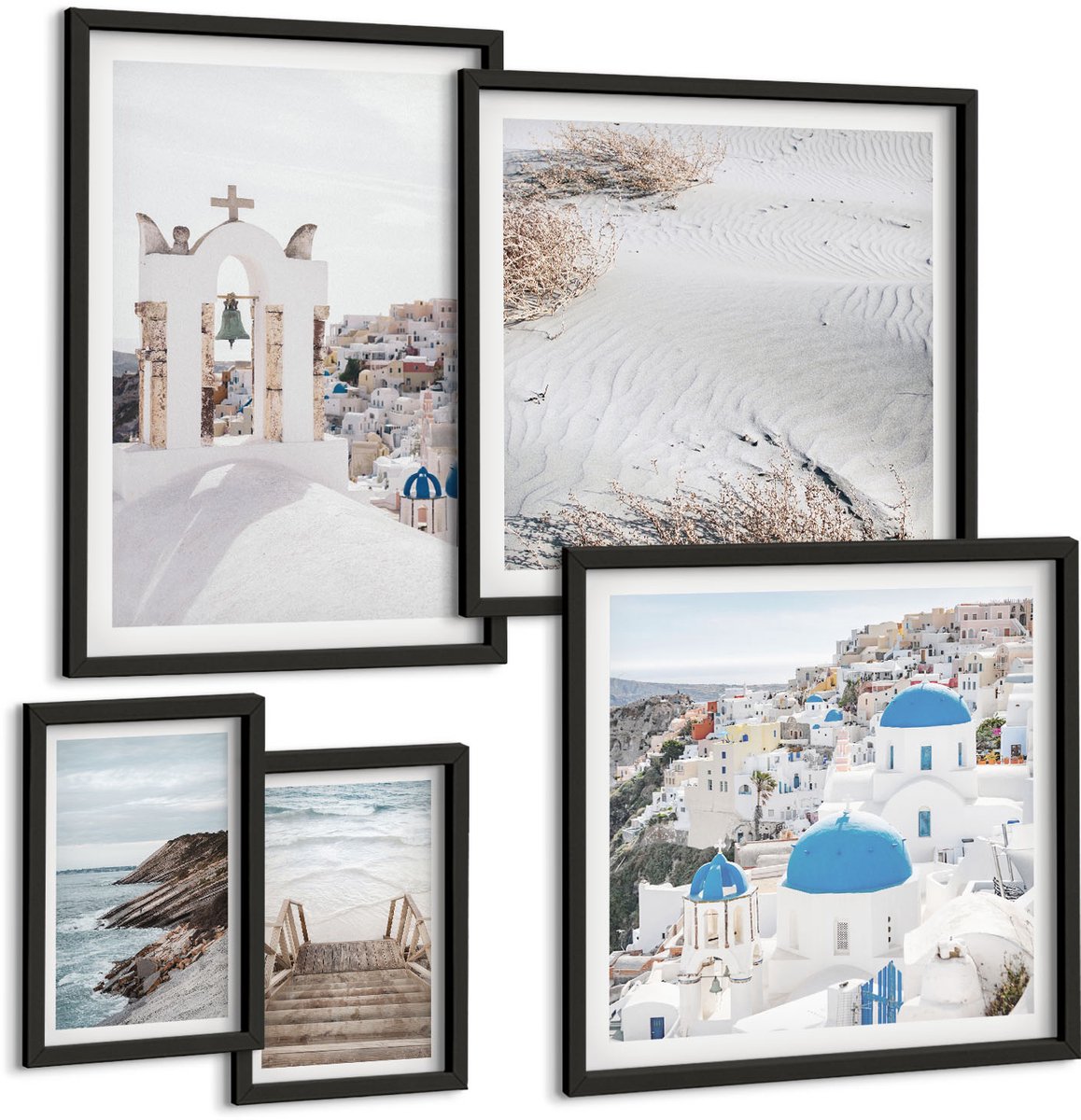 Coloray 5-Delige Schilderij Set - Witte Landschappen En Pittoreske Uitzichten Van Griekenland - 50 x 50 cm, 20 x 30 cm En 40 x 60 cm - Moderne Wanddecoratie - Woonkamer - Muurdecoratie