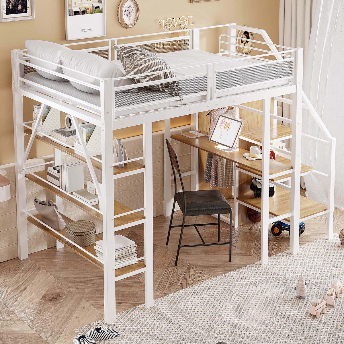 Sweiko Hoogslaper - 140 x 200 cm - Met bureau - Kledingkast - Metalen frame - Wit + Naturel