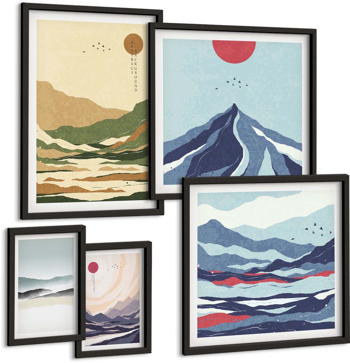 Coloray 5-Delige Schilderij Set - Berglandschappen Met Minimalistische Natuurmotieven - 50 x 50 cm, 20 x 30 cm En 40 x 60 cm - Muurdecoratie - Wanddecoratie - Hal