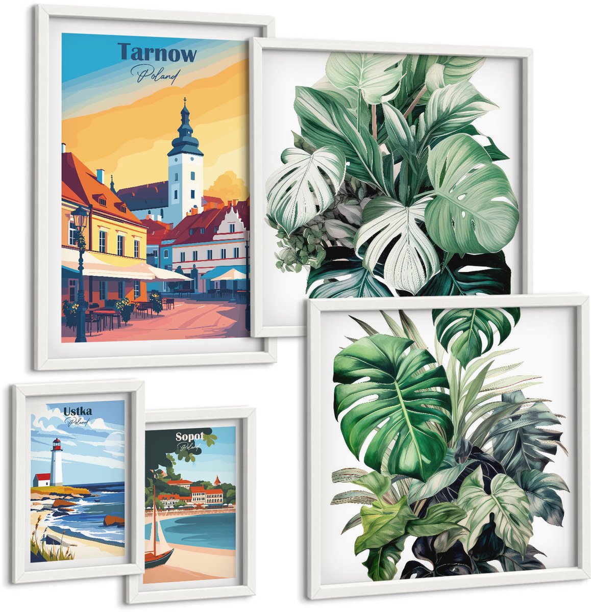 Coloray 5-Delige Schilderij Set - Poolse Kuststeden Met Plantmotieven - 50 x 50 cm, 20 x 30 cm En 40 x 60 cm - Wanddecoratie - Woonkamer Decoratie