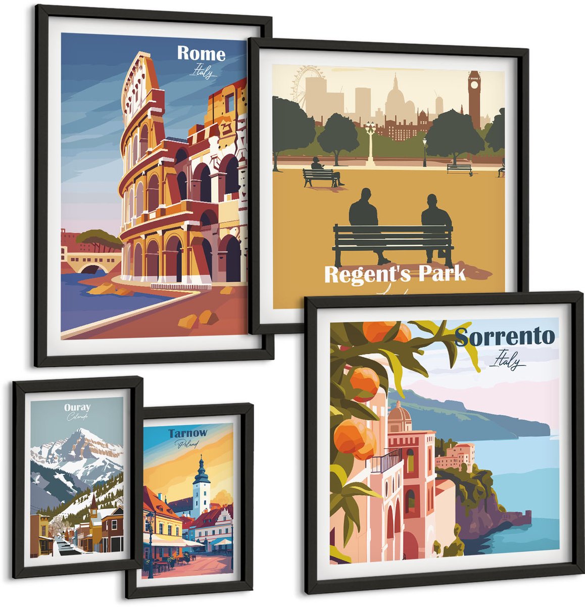 Coloray 5-Delige Schilderij Set - Europese Stadsgezichten En Pittoreske Uitzichten - 50 x 50 cm, 20 x 30 cm En 40 x 60 cm - Wanddecoratie - Moderne Interieurdecoratie - Woonkamer Decoratie