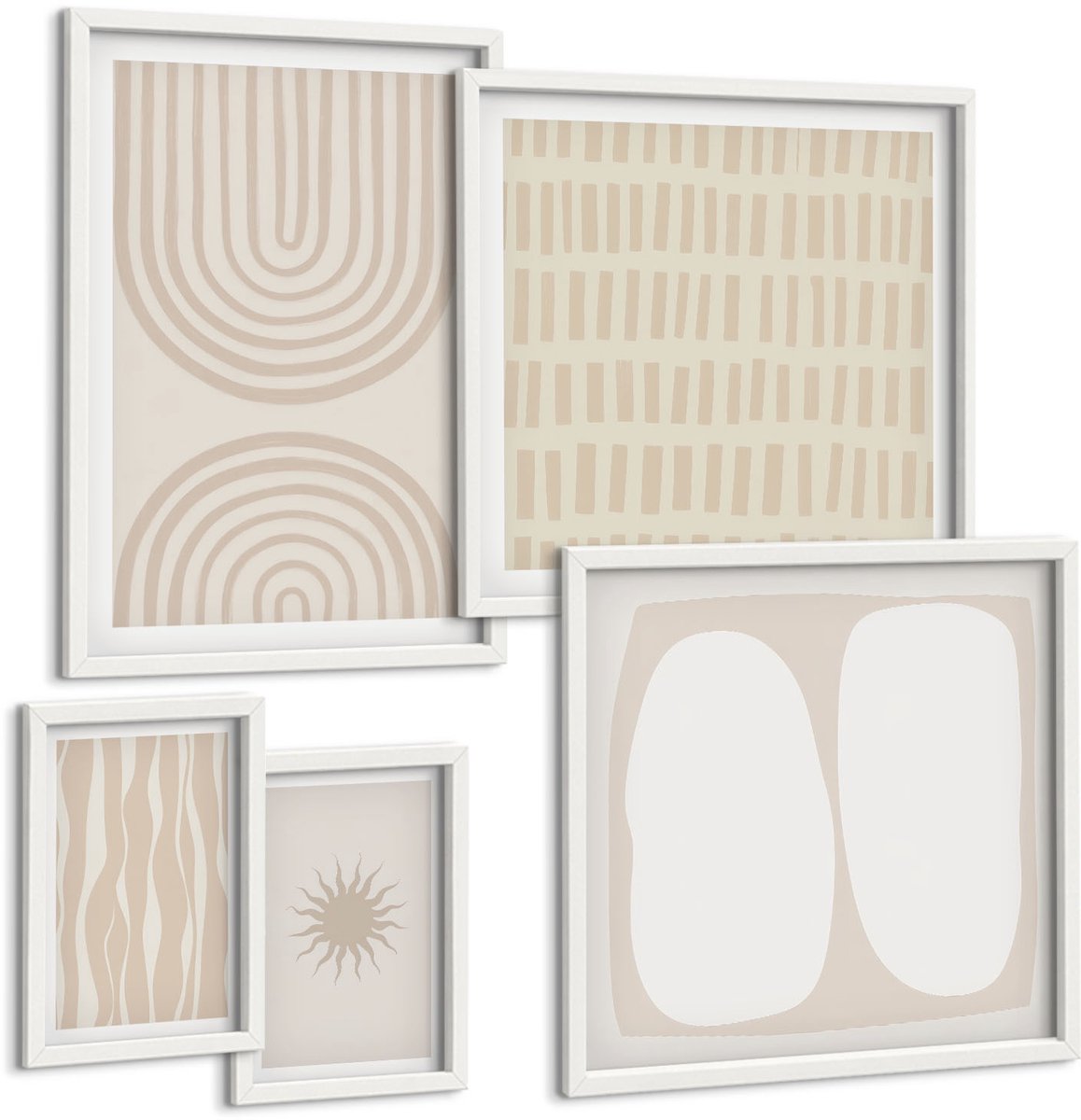 Coloray 5-Delige Schilderij Set - Stijlvolle Abstracte Vormen In Natuurlijke Tinten. - 50 x 50 cm, 20 x 30 cm En 40 x 60 cm - Muurdecoratie - Decoratieve Schilderijen - Wohnzimmer