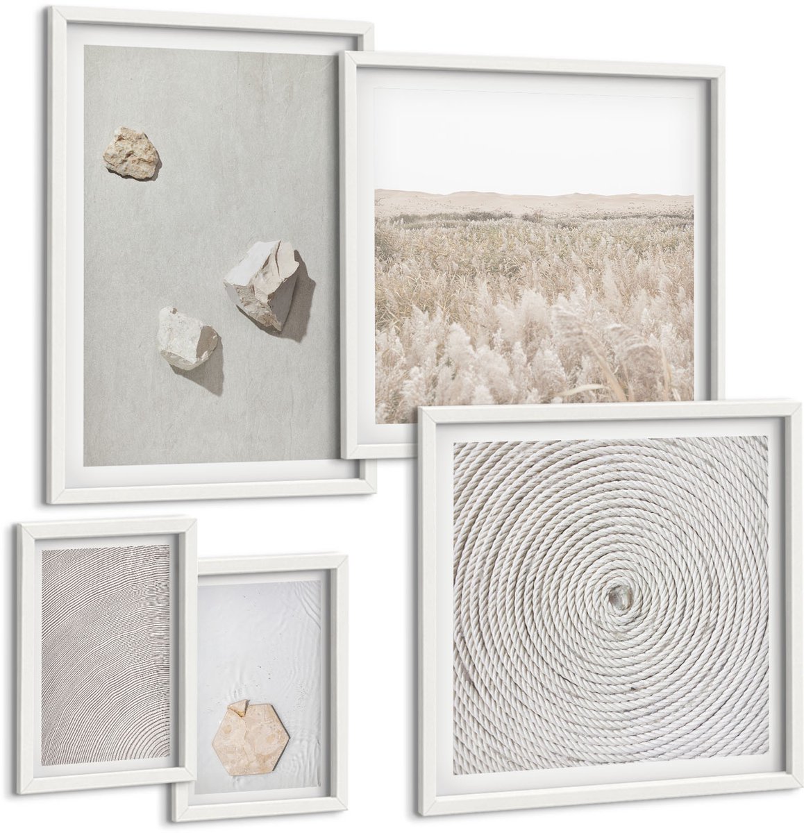 Coloray 5-Delige Schilderij Set - Lichte Texturen Op Zand, Delicate Boho-Stijl - 50 x 50 cm, 20 x 30 cm En 40 x 60 cm - Muurdecoratie - Decoratieve Schilderijen - Wohnzimmer - Interieur Decoratie