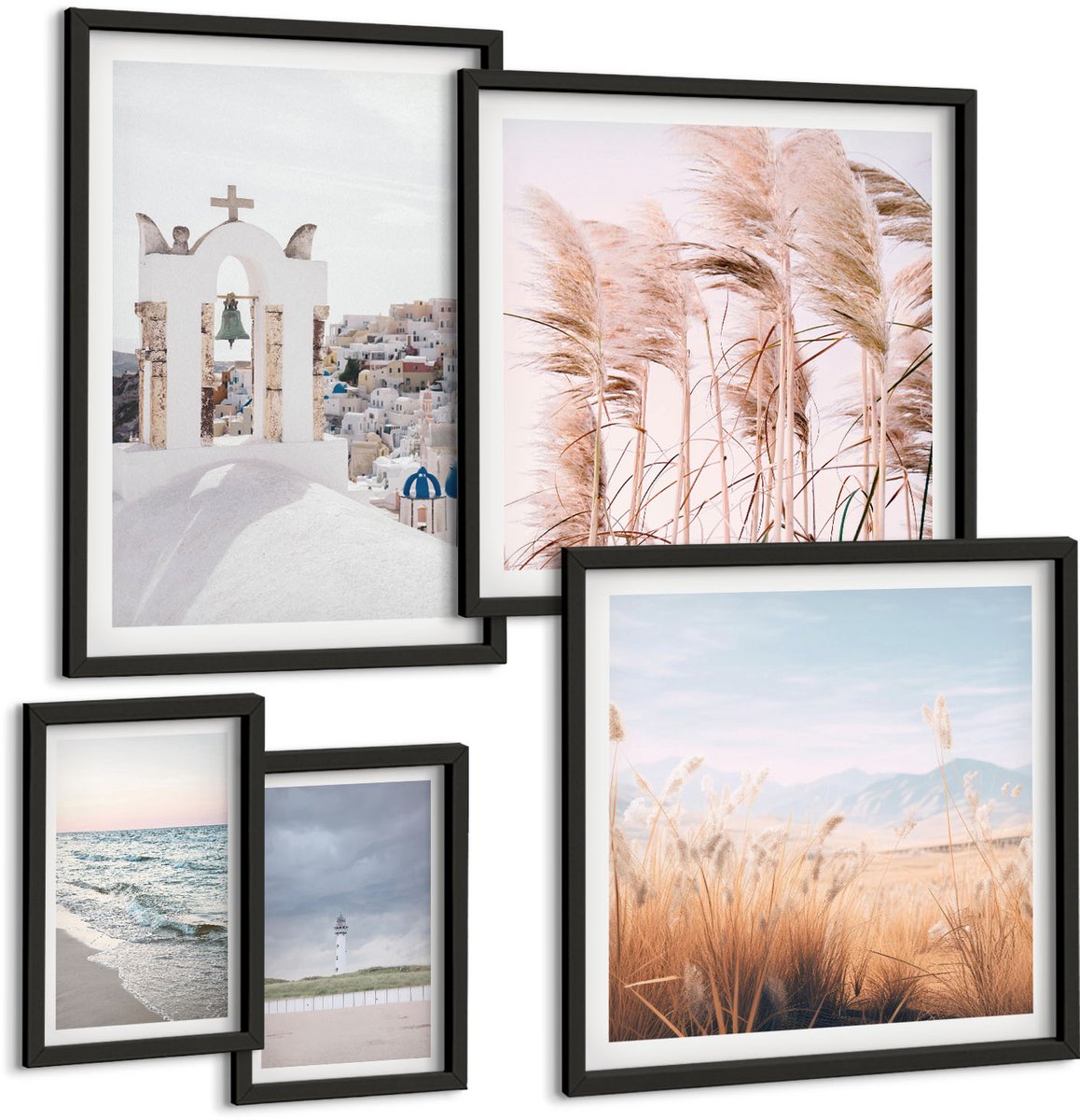 Coloray 5-Delige Schilderij Set - Stijlvolle Kustlandschappen Met Architectuur En Natuur - 50 x 50 cm, 20 x 30 cm En 40 x 60 cm - Moderne Wanddecoratie - Woonkamer Zwarte lijst