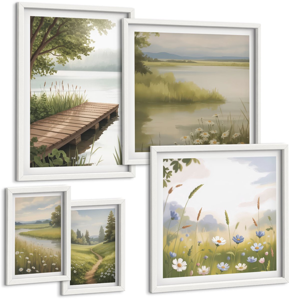 Coloray 5-Delige Schilderij Set - Rustige Natuurlandschappen Met Houten Brug En Weilanden - 50 x 50 cm, 20 x 30 cm En 40 x 60 cm - Stijlvolle Wanddecoratie - Interieur - Moderne Wanddecoratie
