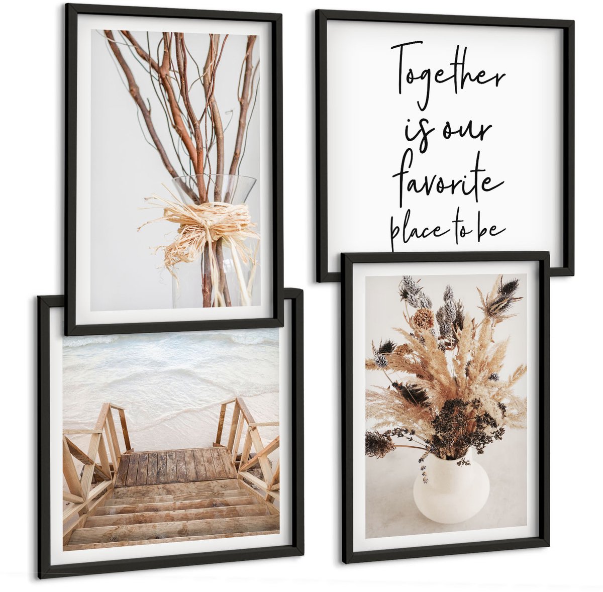 Coloray 4-Delige Schilderij Set - Bloemen En Takken In Een Minimalistische, Natuurlijke Stijl. - 40 x 40 cm En 40 x 60 cm - Decoratieve Schilderijen - Wanddecoratie - Hal - Stijlvolle Muurdecoratie Zwarte lijst