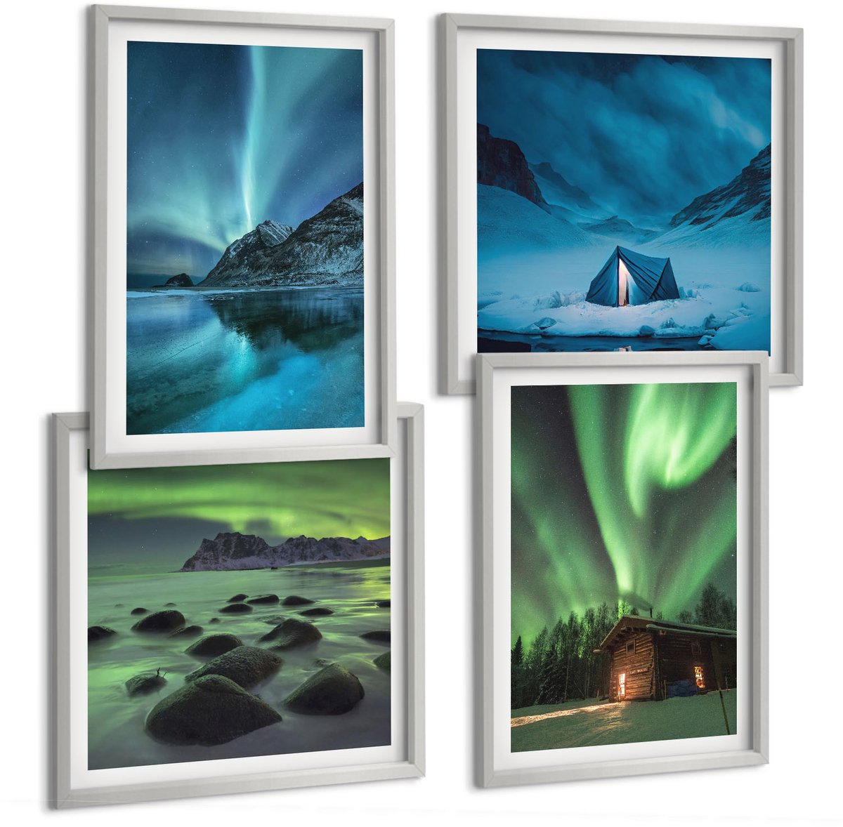 Coloray 4-Delige Schilderij Set - Winterlandschappen Met Het Noorderlicht Boven De Bergen - 40 x 40 cm En 40 x 60 cm - Stijlvolle Wanddecoratie - Interieur - Interieur Decoratie