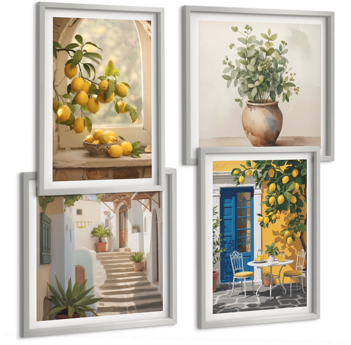 Coloray 4-Delige Schilderij Set - Citroenen In De Stad Van De Italiaanse Architectuur - 40 x 40 cm En 40 x 60 cm - Moderne Wanddecoratie - Slaapkamer - Muurdecoratie