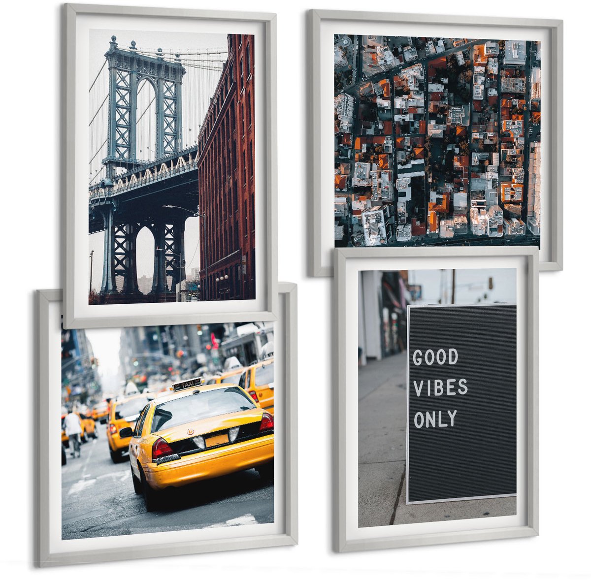 Coloray 4-Delige Schilderij Set - Brug In De Stad. Opschriften Op Straat. Luchtfoto. - 40 x 40 cm En 40 x 60 cm - Decoratieve Schilderijen - Wanddecoratie - Hal - Muurdecoratie