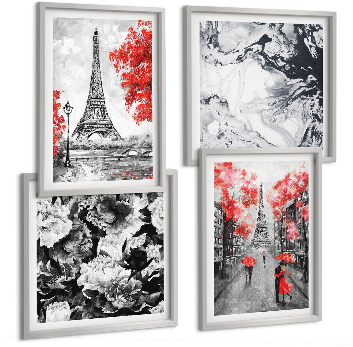 Coloray 4-Delige Schilderij Set - Eiffeltoren In Grijs Met Rode Accenten - 40 x 40 cm En 40 x 60 cm - Moderne Wanddecoratie - Woonkamer - Woonkamer Decoratie