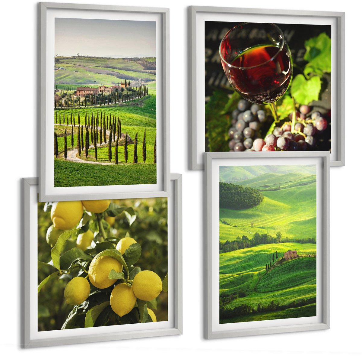 Coloray 4-Delige Schilderij Set - Italiaanse Landschappen Met Citrusbomen En Groene Heuvels - 40 x 40 cm En 40 x 60 cm - Muurdecoratie - Schilderijen Set - Woonkamer - Woonkamer Decoratie