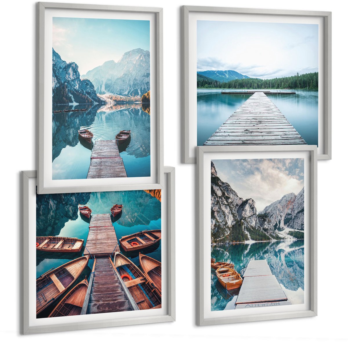 Coloray 4-Delige Schilderij Set - Een Rustig Meer Met Houten Steigers En Boten. - 40 x 40 cm En 40 x 60 cm - Decoratieve Muurdecoratie - Slaapkamer