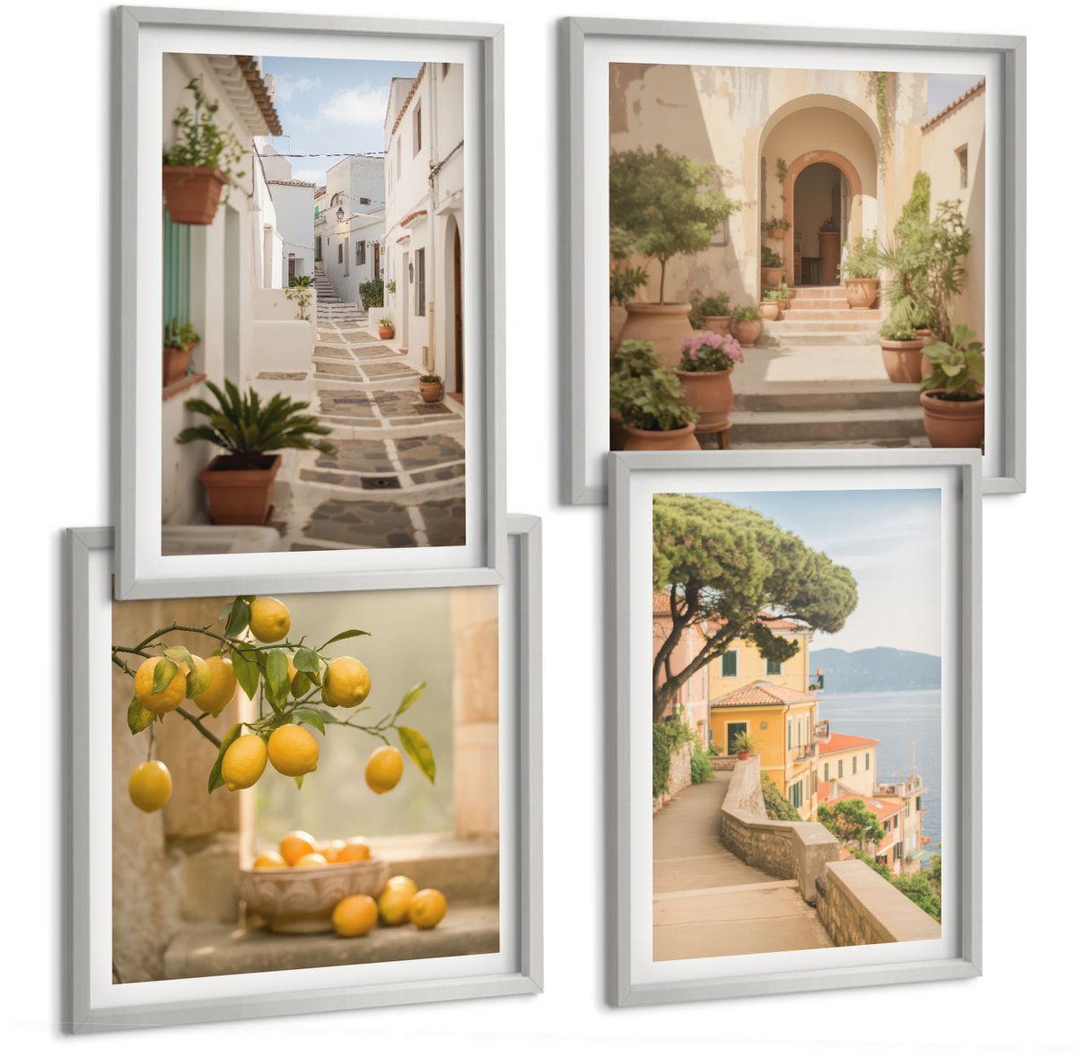 Coloray 4-Delige Schilderij Set - Uitzicht Op Citrusbomen Vanuit Het Raam En Architectuur Aan Zee. - 40 x 40 cm En 40 x 60 cm - Wanddecoratie - Schilderijen Set - Interieur - Muurdecoratie