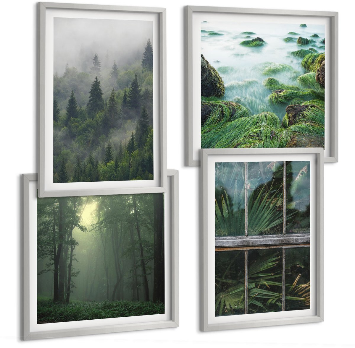 Coloray 4-Delige Schilderij Set - Bos In De Mist, Rivieroever En Kas Met Planten - 40 x 40 cm En 40 x 60 cm - Muurdecoratie - Schilderijen Set - Woonkamer - Wanddecoratie