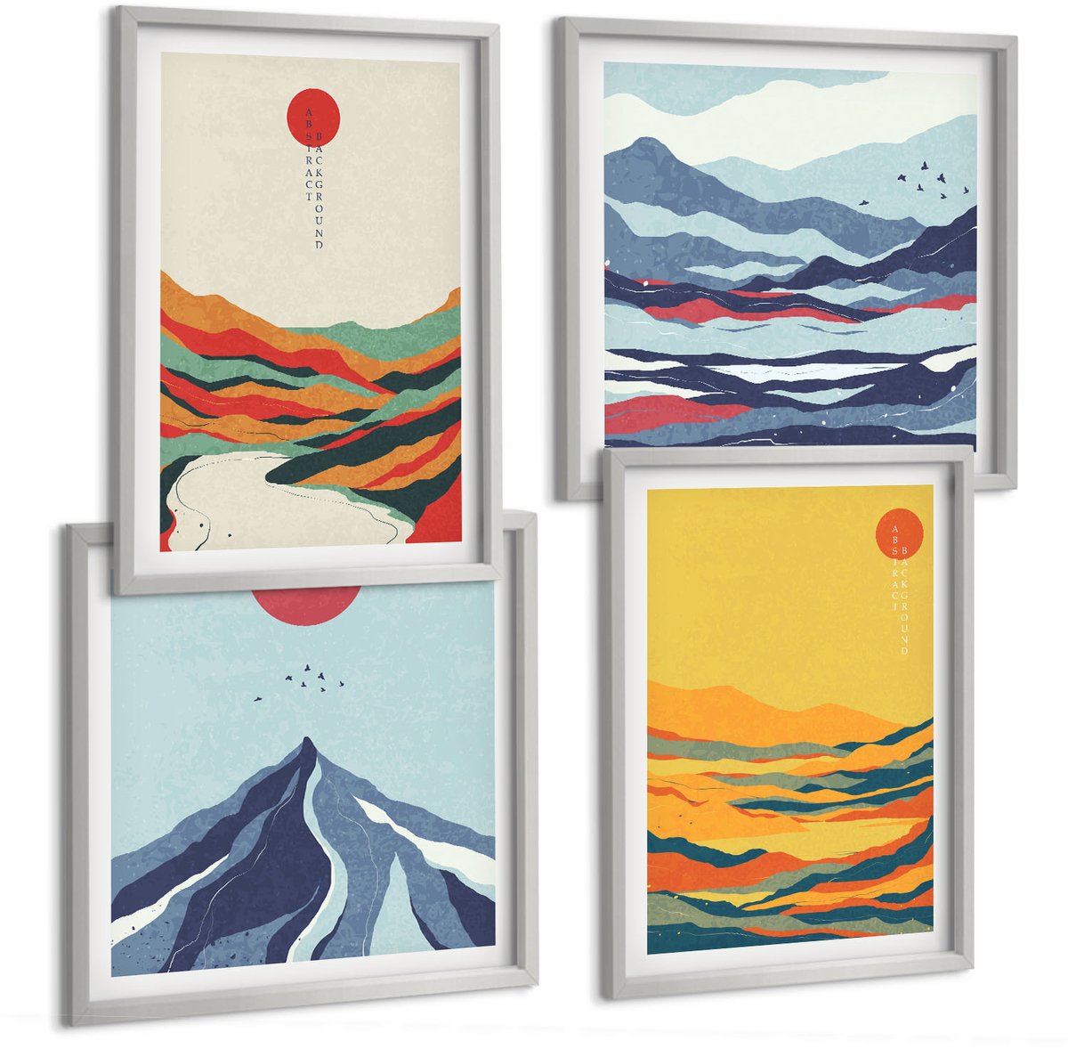 Coloray 4-Delige Schilderij Set - Kleurrijke Abstracte Berg- En Rivierlandschappen - 40 x 40 cm En 40 x 60 cm - Muurdecoratie - Interieur Decoratie - Woonkamer Decoratie