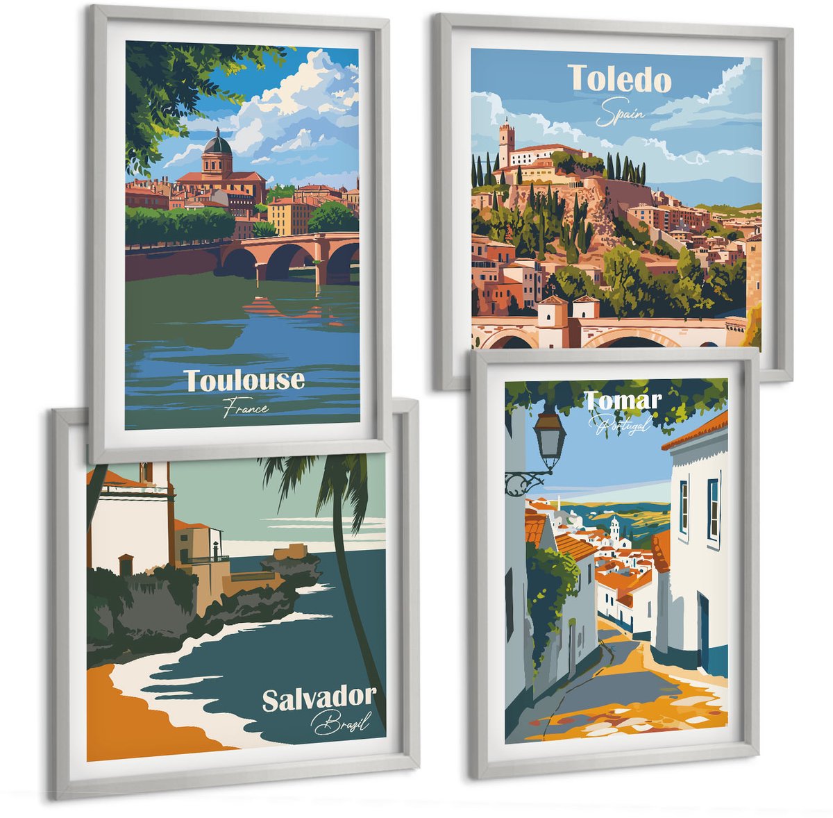 Coloray 4-Delige Schilderij Set - Grafische Afbeeldingen Van Beroemde Steden In Retrostijl - 40 x 40 cm En 40 x 60 cm - Stijlvolle Wanddecoratie - Interieur - Moderne Wanddecoratie