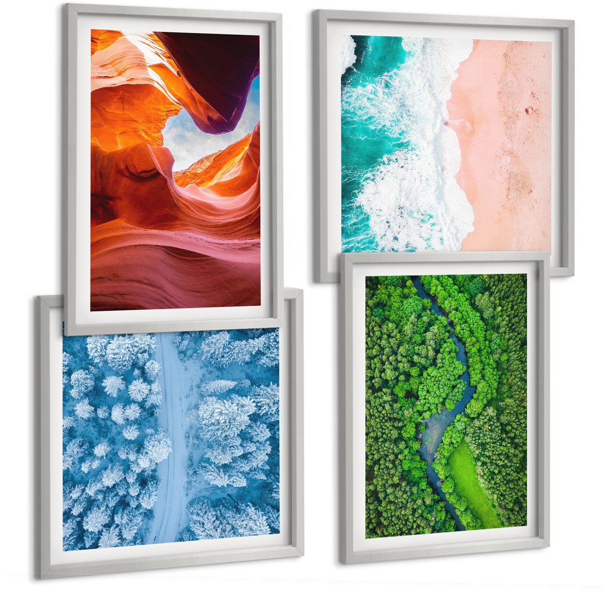 Coloray 4-Delige Schilderij Set - Water In Beweging, Kloof En Bos, Groene Winternatuur - 40 x 40 cm En 40 x 60 cm - Wanddecoratie - Schilderijen Set - Interieur - Woonkamer Decoratie