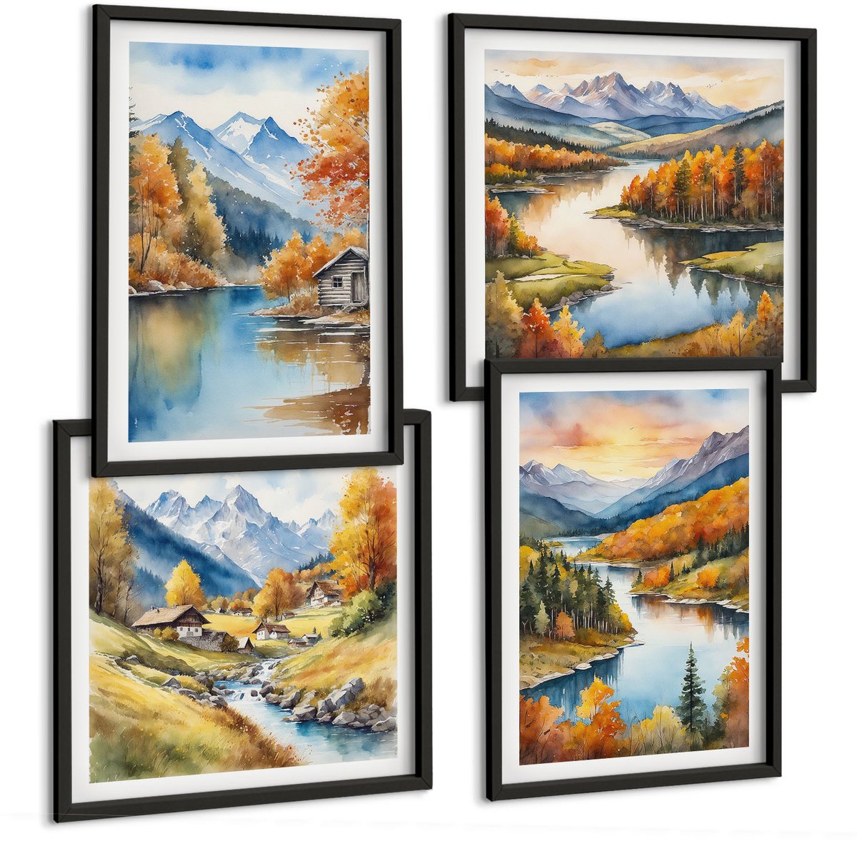 Coloray 4-Delige Schilderij Set - Herfstlandschap In De Bergen Met Een Rivier En Een Huisje Aan Het Water. - 40 x 40 cm En 40 x 60 cm - Decoratieve Schilderijen - Woonkamer - Interieur - Woonkamer Decoratie Zwarte lijst
