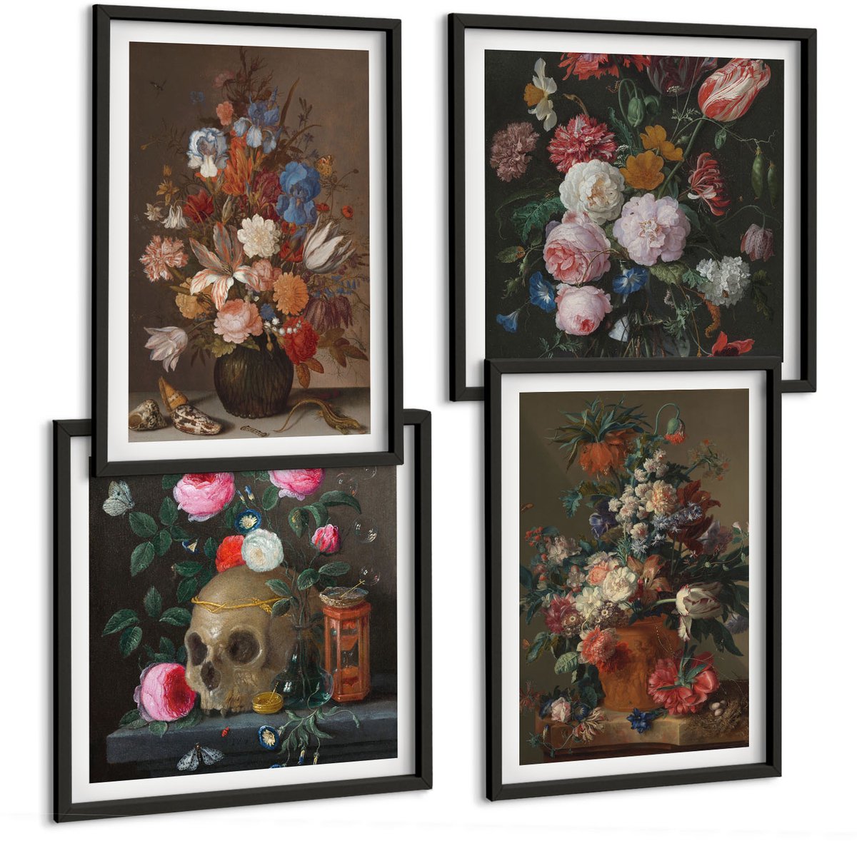 Coloray 4-Delige Schilderij Set - Bloemen In Vazen: Diverse Vintage Plantencomposities - 40 x 40 cm En 40 x 60 cm - Wanddecoratie - Schilderijen Set - Kantoor - Moderne Wanddecoratie Zwarte lijst