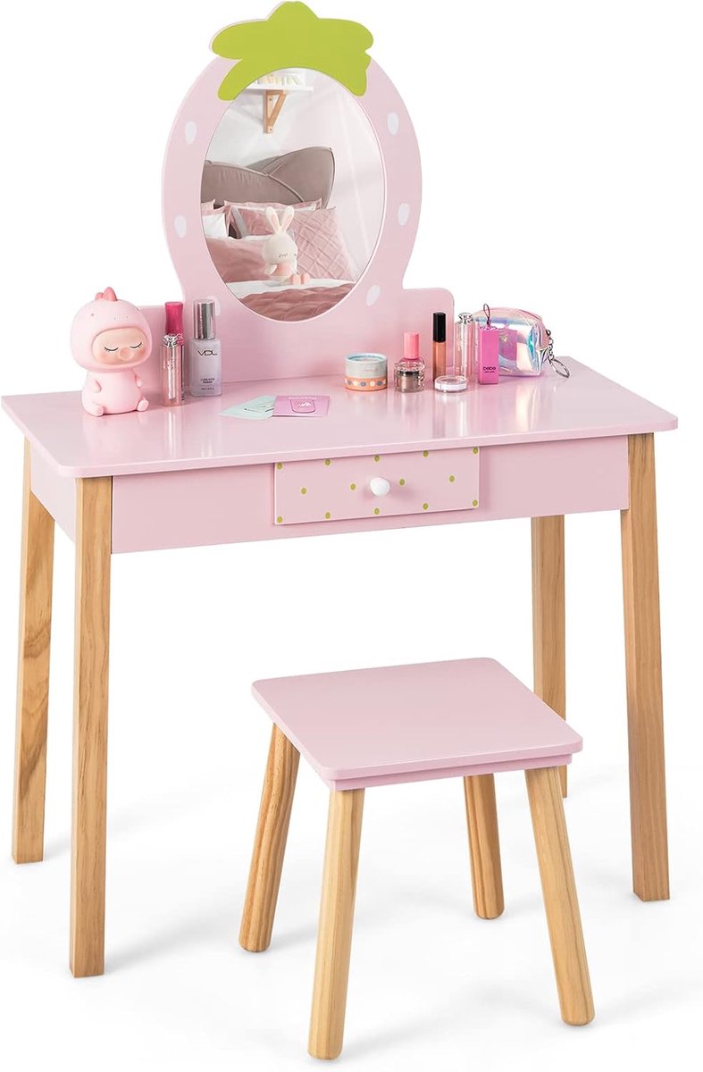 KOMFOTTEU Kindermake-uptafel met spiegel - make-uptafel voor meisjes met laden - kaptafel voor kinderen met kruk - roze