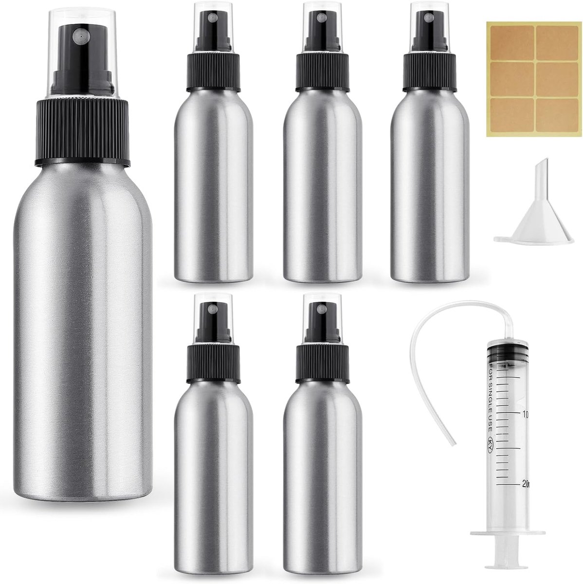5 Stuks Spuitfles Aluminium, 100ml Fine Mist Verstuiver, Kleine Lege Hervulbare Travel Spray Flessen met 20ml Spuit, Trechter, Sticker voor Essentiële Olie, Haar, Parfums, Reiniging