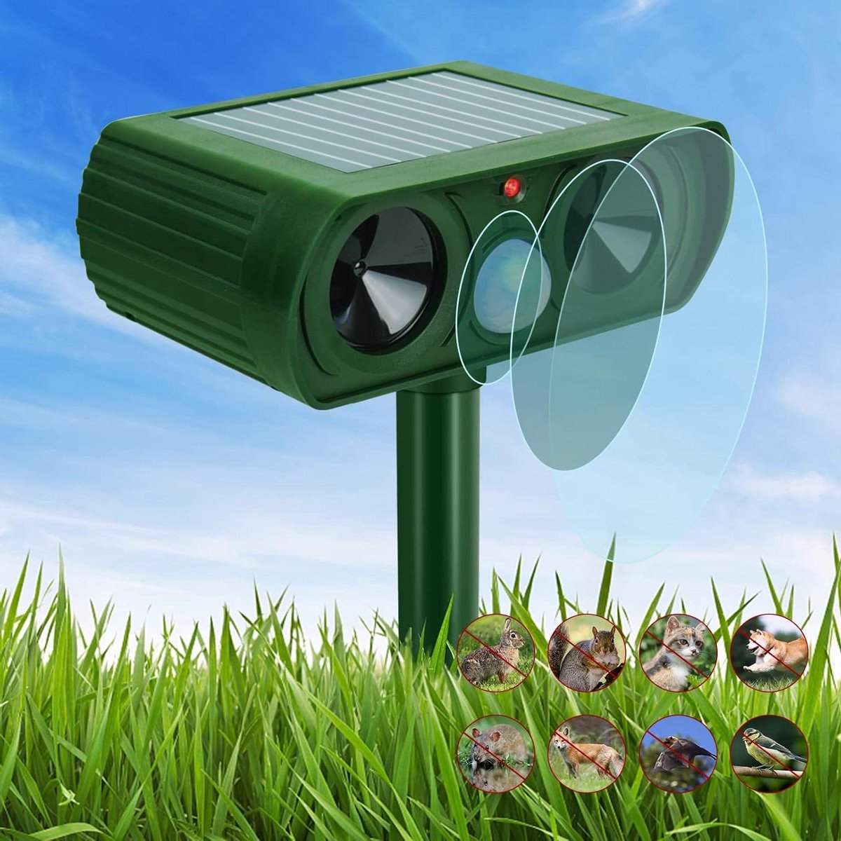 Ultrasone dierenverjager - Ongedierteverjager tuin - Bescherming buitenruimte - Op zonne-energie waterdicht - Tot 230 m2 - Groen
