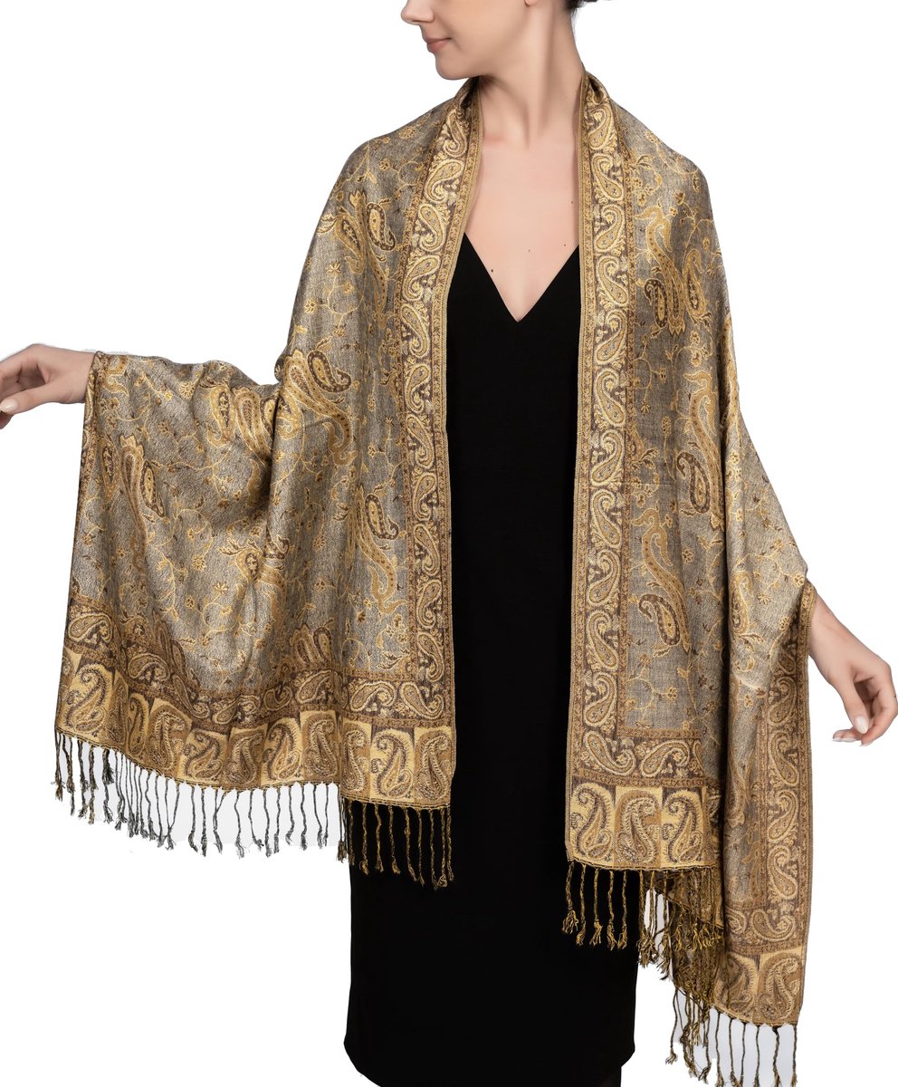 Achillea Zachte Zijdeachtige Omkeerbare Paisley Pashmina Sjaal Wrap Sjaal, Grijs Goud, 28"W x 76"L - ShopVlot