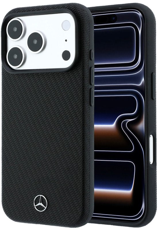 Zwarte Mercedes-Benz telefoonhoes met Mercedes-Benz logo op de achterkant, deels open om de telefoon te tonen.