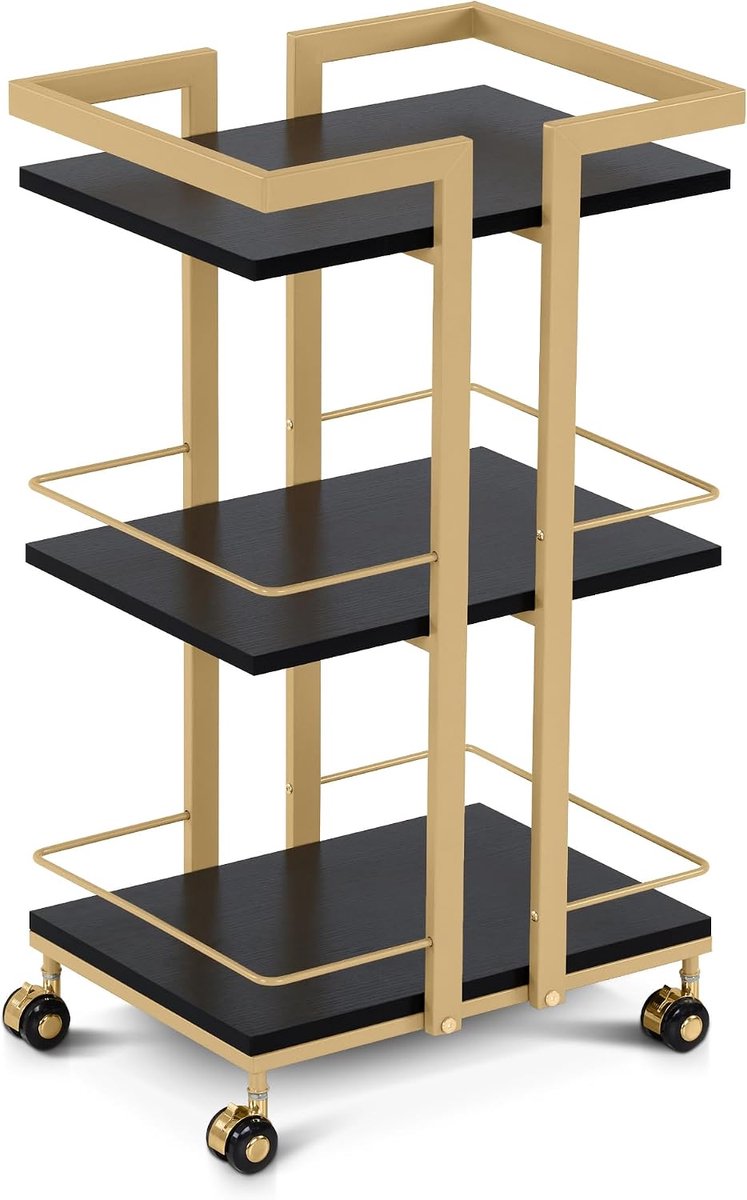 MCombo zwart-goud, moderne rolwagen met wieltjes, keukentrolley, barwagen, metalen frame, 3 niveaus, voor keuken, badkamer, woonkamer, kantoor