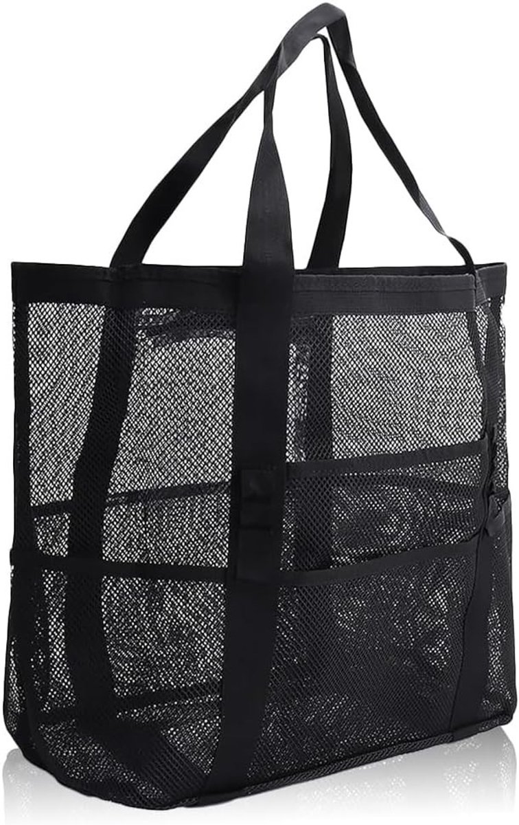 PolkaHome Mesh Strandtas XXL - Grote Boodschappentas met Ritssluiting voor Strand, Reizen en Picknick - Zwart