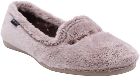 Lichtroze Scapa pantoffel in zachte imitatiebont met een platte zool en zijlabel.