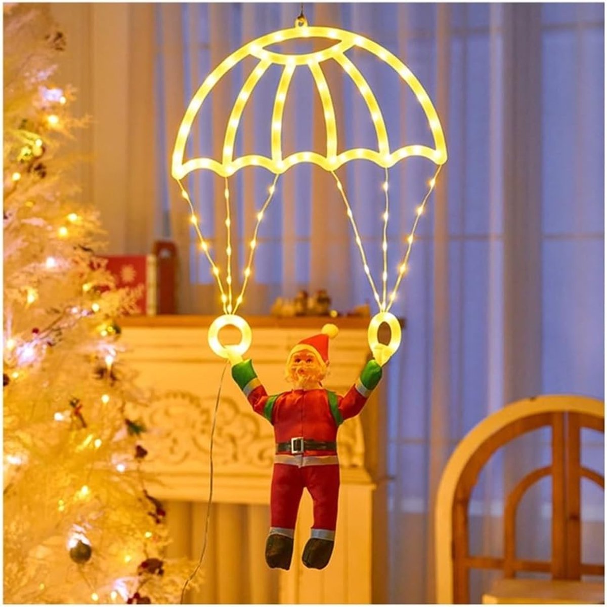 USB-gevoede kerstverlichting: Kerstman aan parachute – Decoratieve kerstverlichting – Hangende verlichting met 8 standen – Geschikt voor dakranden, veranda's, balkons, hekken, bomen en binnendecoratie – Warm licht