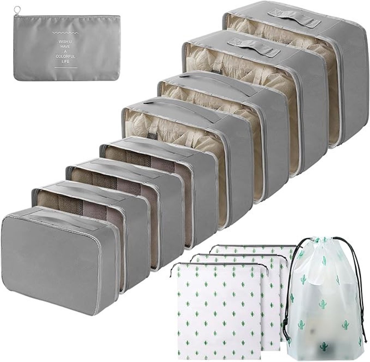 PolkaHome Kofferorganizer 13-delig – Reisorganizer met Mesh-panelen, Waterdicht Polyester, Inpakkubussen voor Kleding, Schoenen en Cosmetica (Grijs)