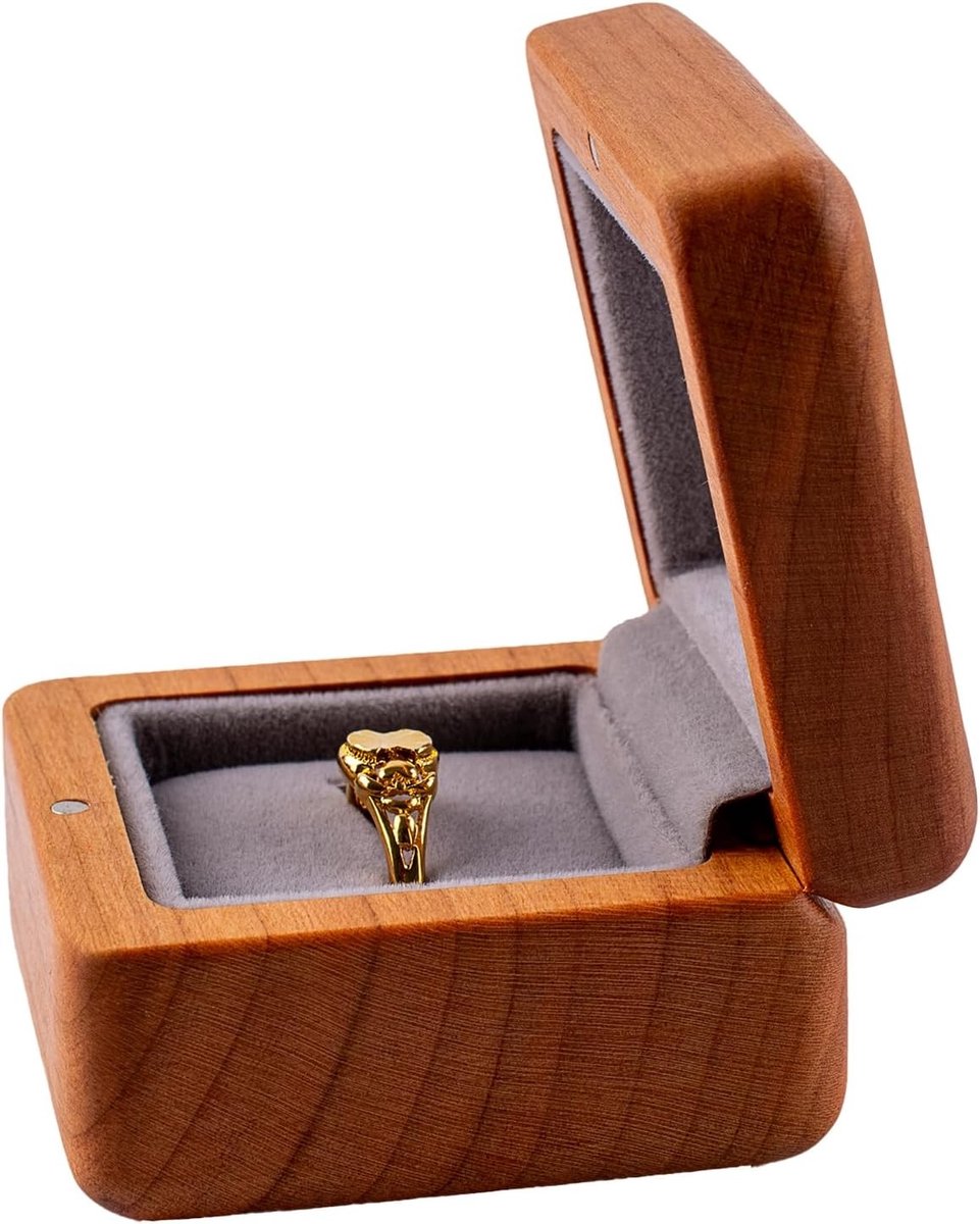 Handgemaakte luxe ringdoos van kersenhout met zachte fluwelen voering voor huwelijksaanzoeken en als cadeau voor verjaardagen, perfect voor het veilig bewaren van ringen