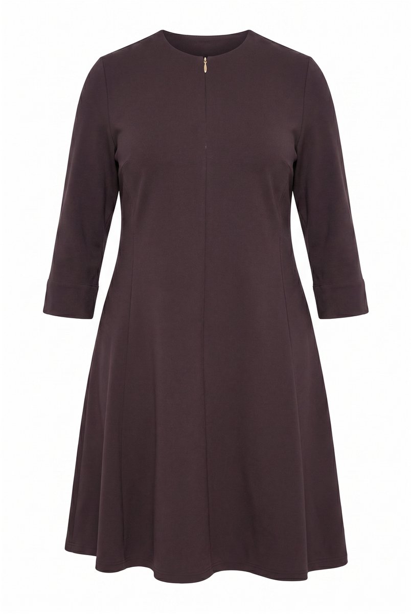 Ulla Popken - Dames - Punto jurk ronde hals 3/4-mouwen ritszakken - Mahonie - Maat 62+
