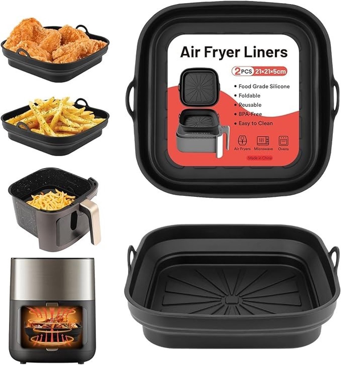PolkaHome Airfryer Siliconen Bak, 2 Stuks Herbruikbare Heteluchtfriteuse Liners, Opvouwbaar, Anti-aanbak, Zwart