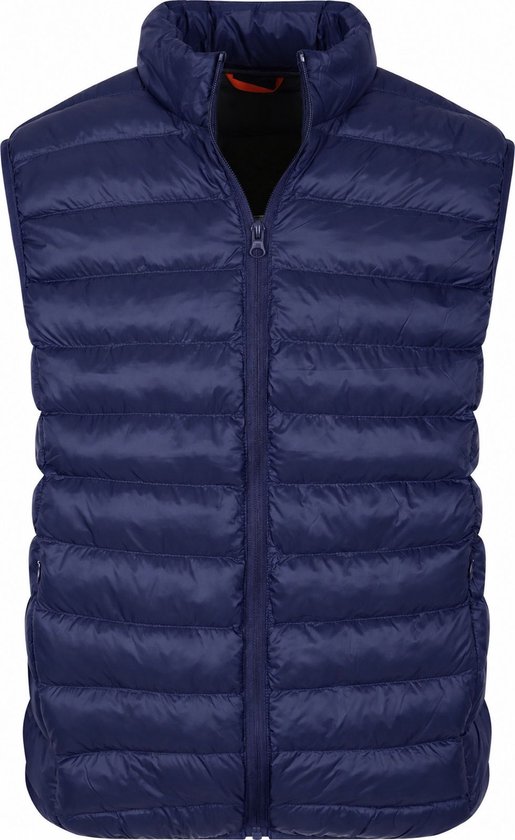 Donkerblauwe bodywarmer met rits en horizontale stiksels.