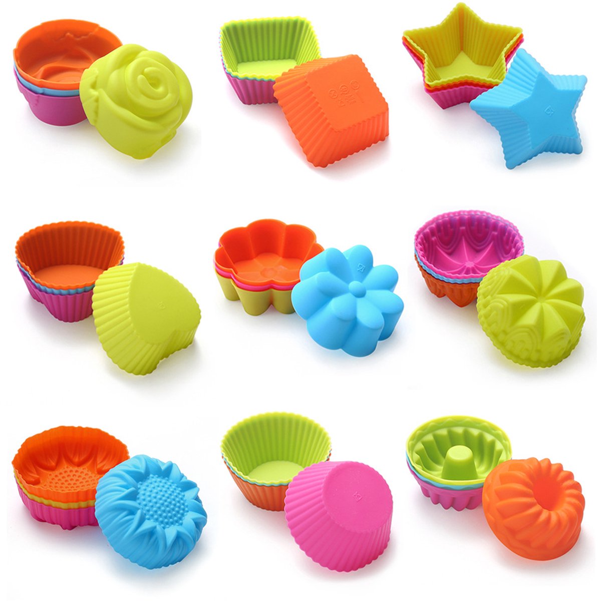 Set van 36 stuks siliconen bakvormpjes (cupcake‑ / muffin‑vormpjes), BPA‑vrij, anti‑aanbak (non‑stick). Geschikt voor oven, magnetron, vaatwasser en vriezer; voor muffins, cupcakes, taartjes, gebak, koekjes, desserts, chocolade en brownies.