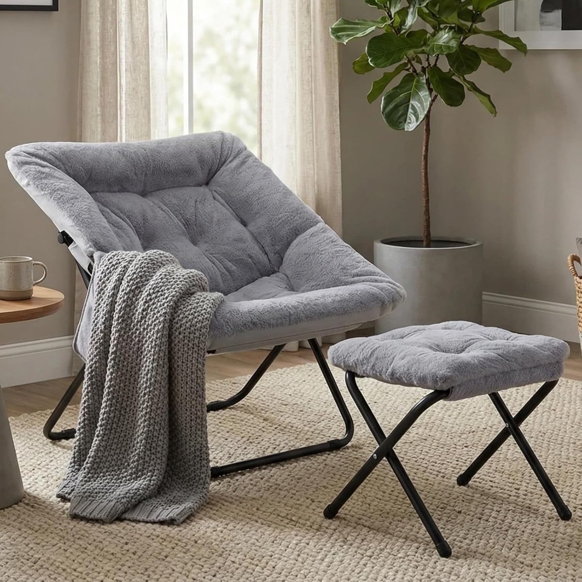 LIFERUN Fauteuil met Hocker - Opklapbare Loungestoel - Woonkamerstoel - Grijs