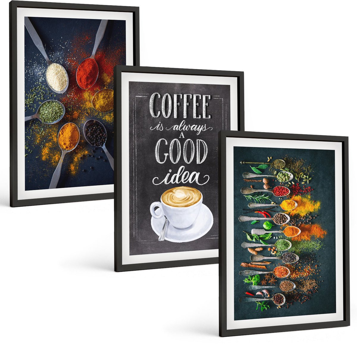 Coloray 3-Delige Schilderij Set - Specerijen Koffie Met Kopje Kruiden Keukenpatronen - 40 x 60 cm - Moderne Wanddecoratie - Woonkamer - Stijlvolle Muurdecoratie