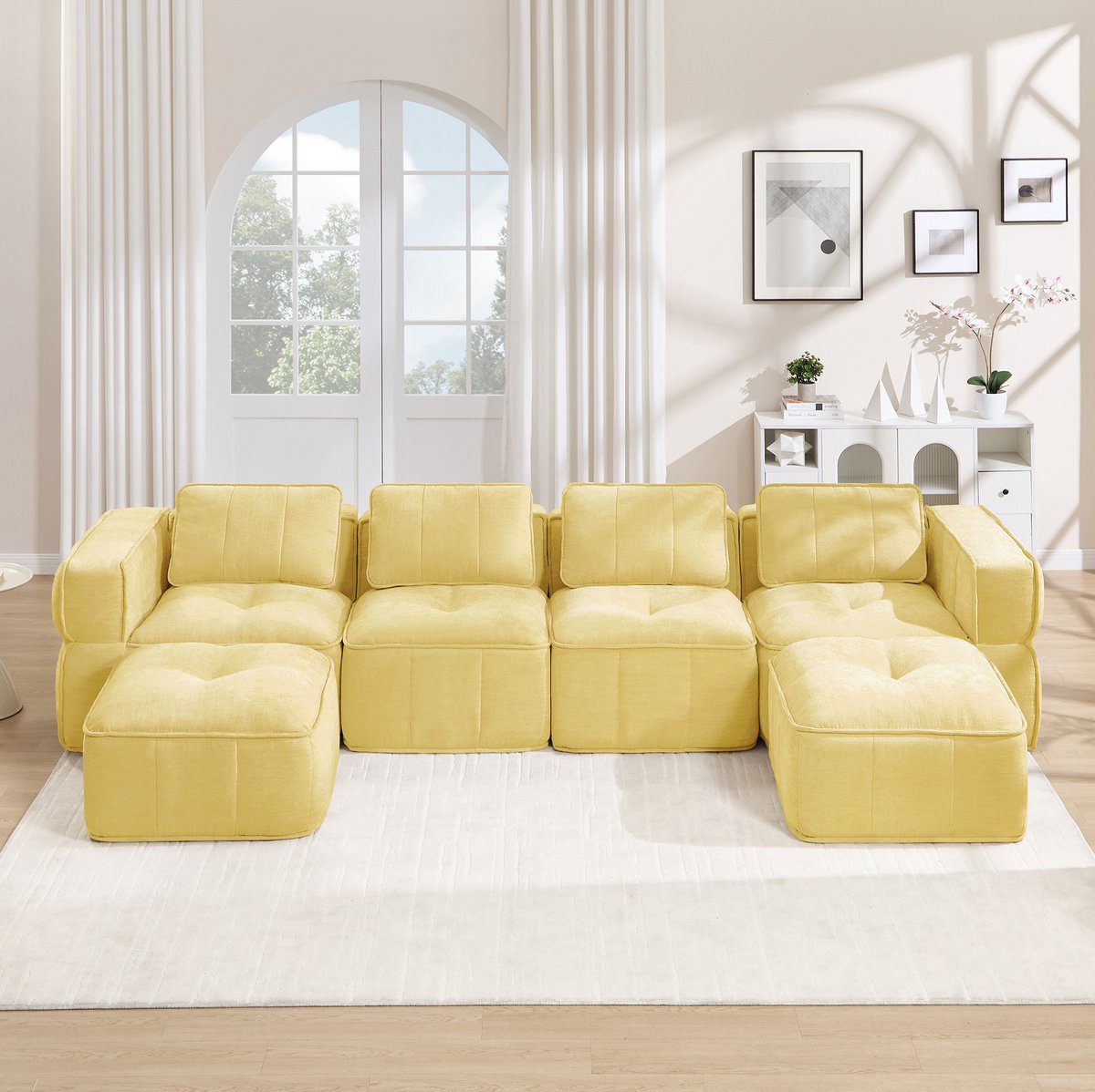 REDOM - U-bank - Modulair - 4-zits - Zonder montage - Brede armleuningen - Woonkamer - Polyester - Geel - 344 x 162 x 67 cm