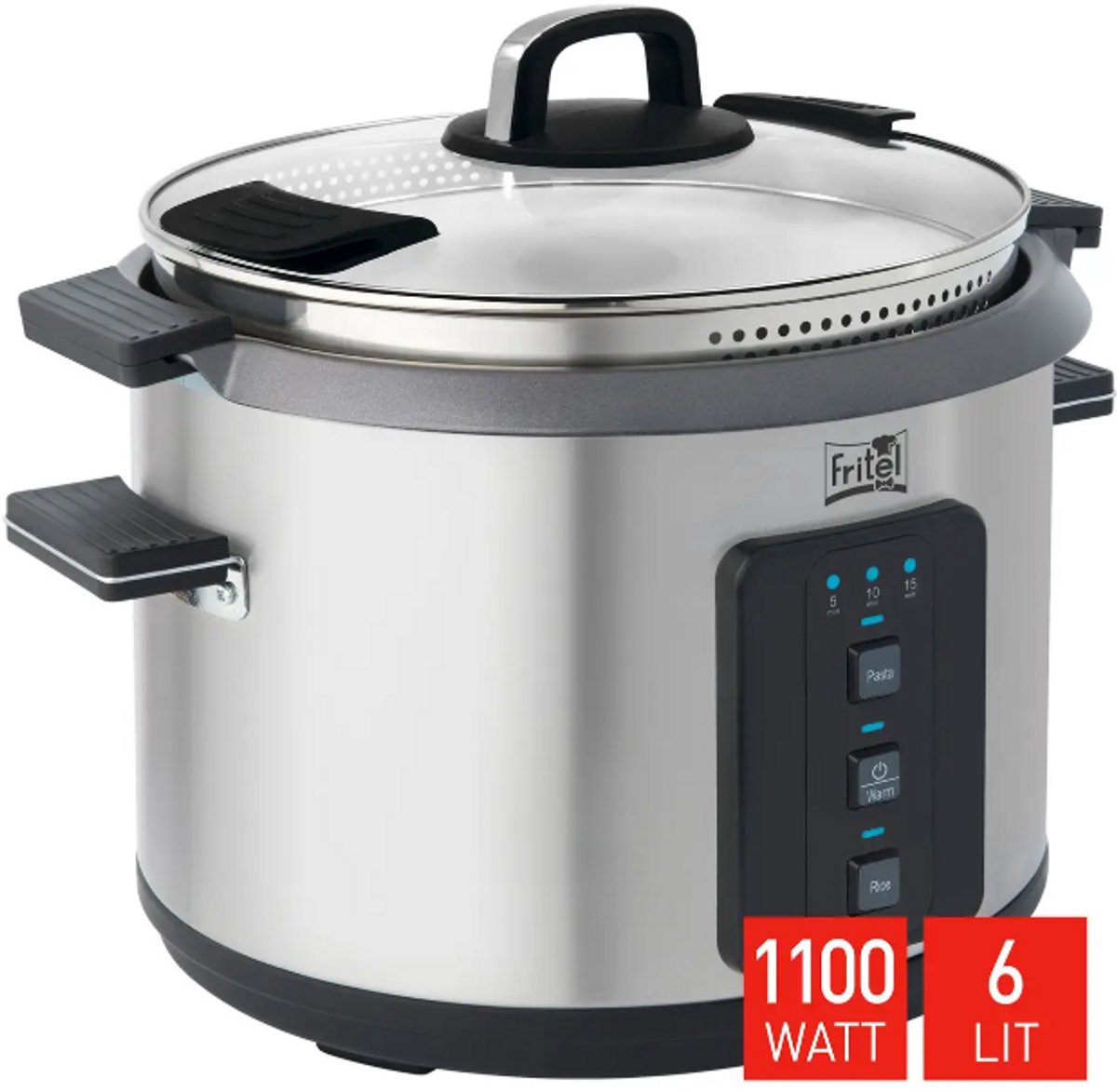 Rijst- en Pastakoker 6 Liter – 1100 W – met Warmhoudfunctie en Glazen Deksel