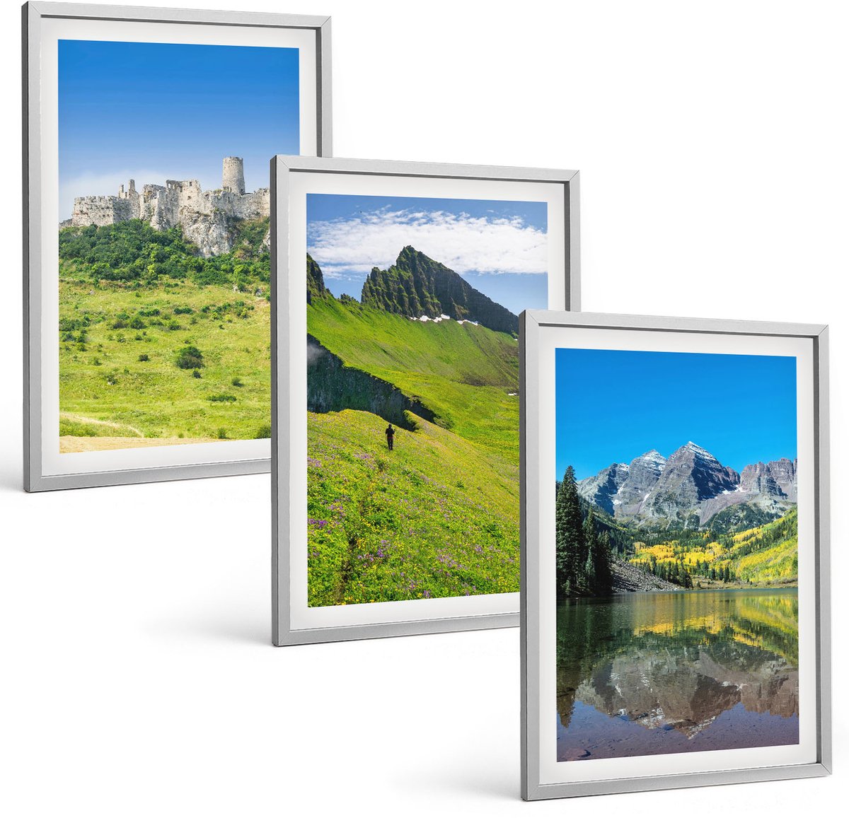 Coloray 3-Delige Schilderij Set - Groene Heuvels Met Een Kasteel En Berglandschappen - 40 x 60 cm - Moderne Wanddecoratie - Slaapkamer - Interieur Decoratie