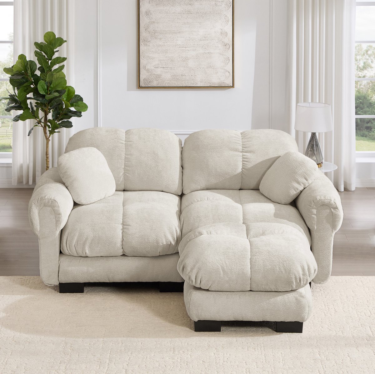 REDOM - Hoekbank - L-vormig modulair - Mobiele ottomane - Chenille - Woonkamer - Licht kaki - 190 x 149 x 90 cm